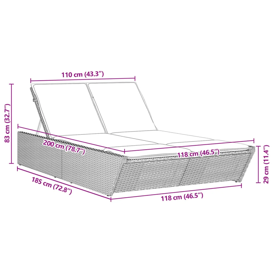 Chaise longue double avec coussins gris résine tressée - 10