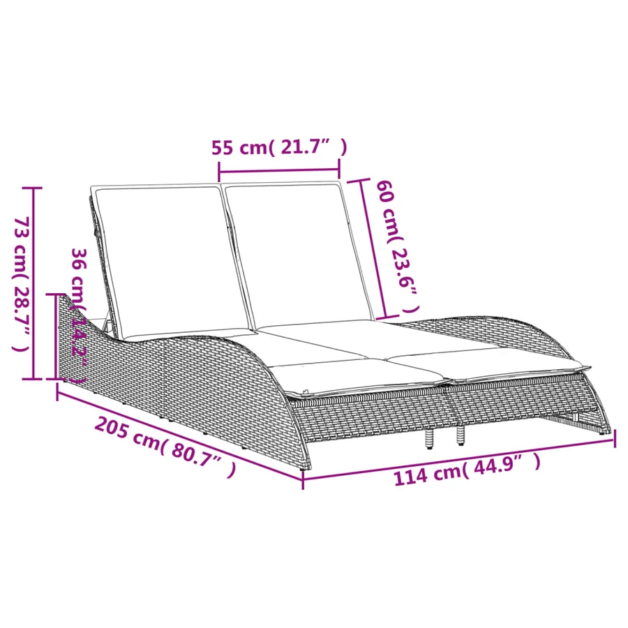 Chaise longue avec coussins noir 114x205x73 cm résine tressée - 10