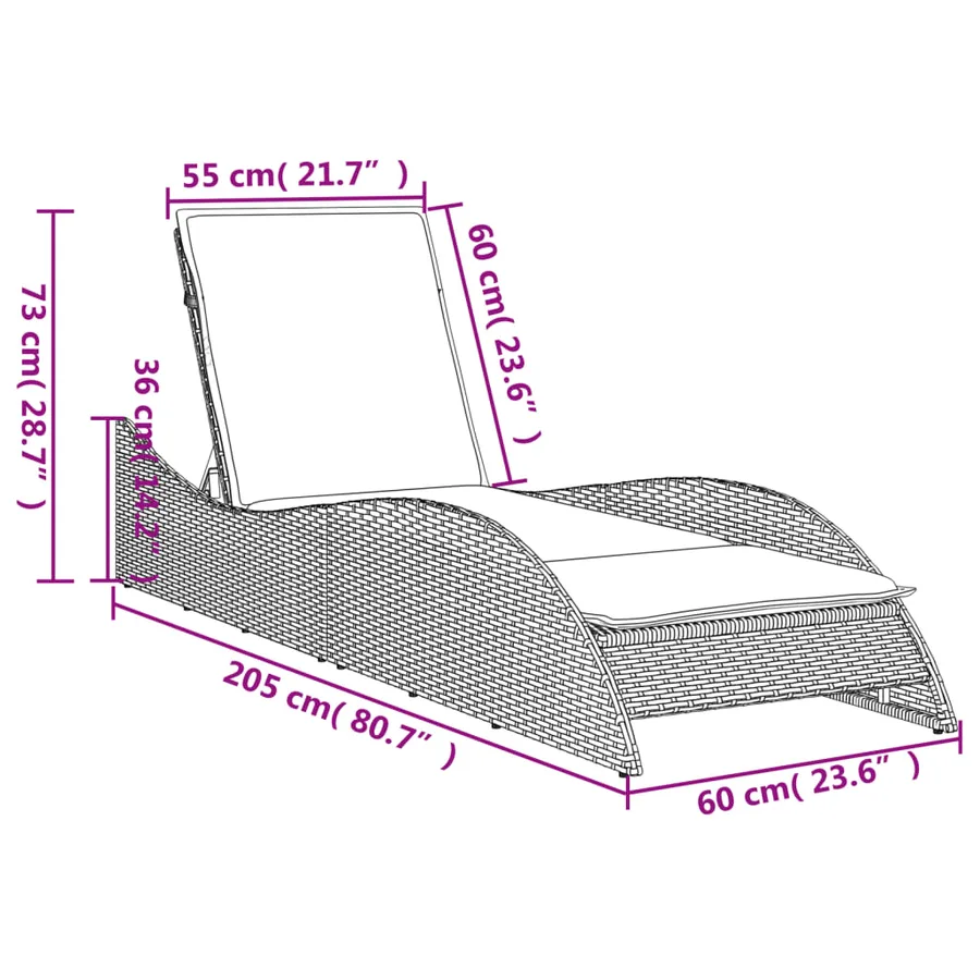 Chaise longue avec coussin marron 60x205x73 cm résine tressée - 9