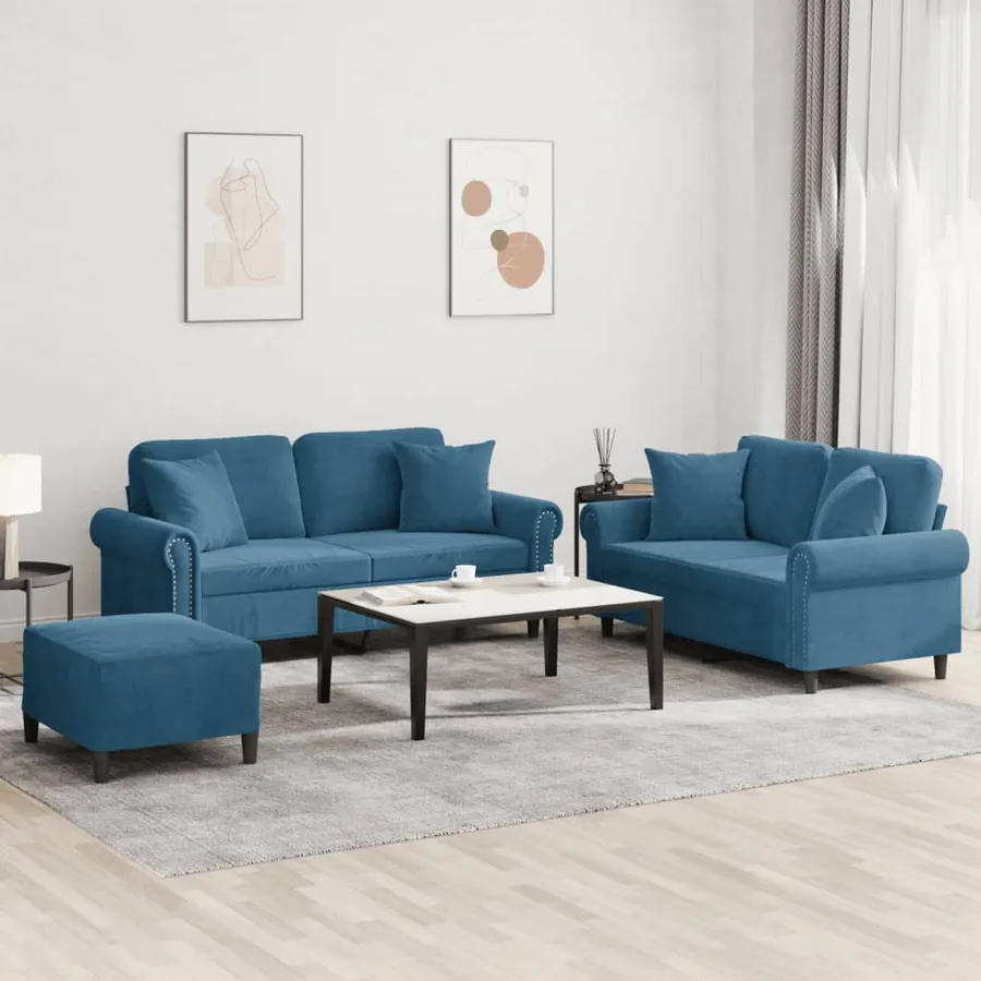 Ensemble de canapés 3 pcs avec coussins bleu velours