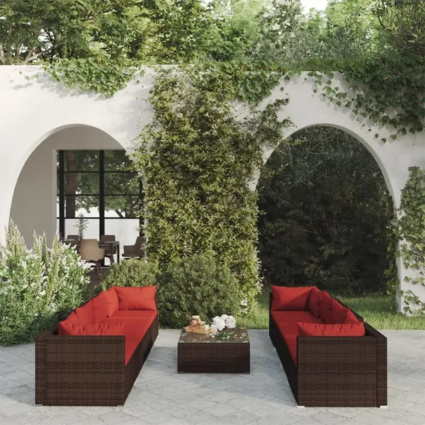 Salon de jardin 9 pcs avec coussins résine tressée marron