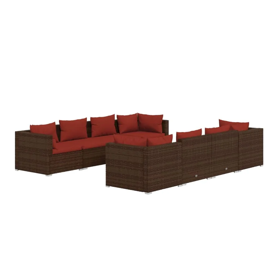 Salon de jardin 9 pcs avec coussins résine tressée marron - 2