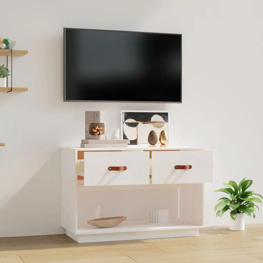 Meuble TV Blanc 90x40x60 cm Bois de pin massif - 3