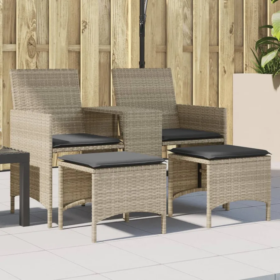 Canapé de jardin 2 places avec table tabourets gris clair rotin