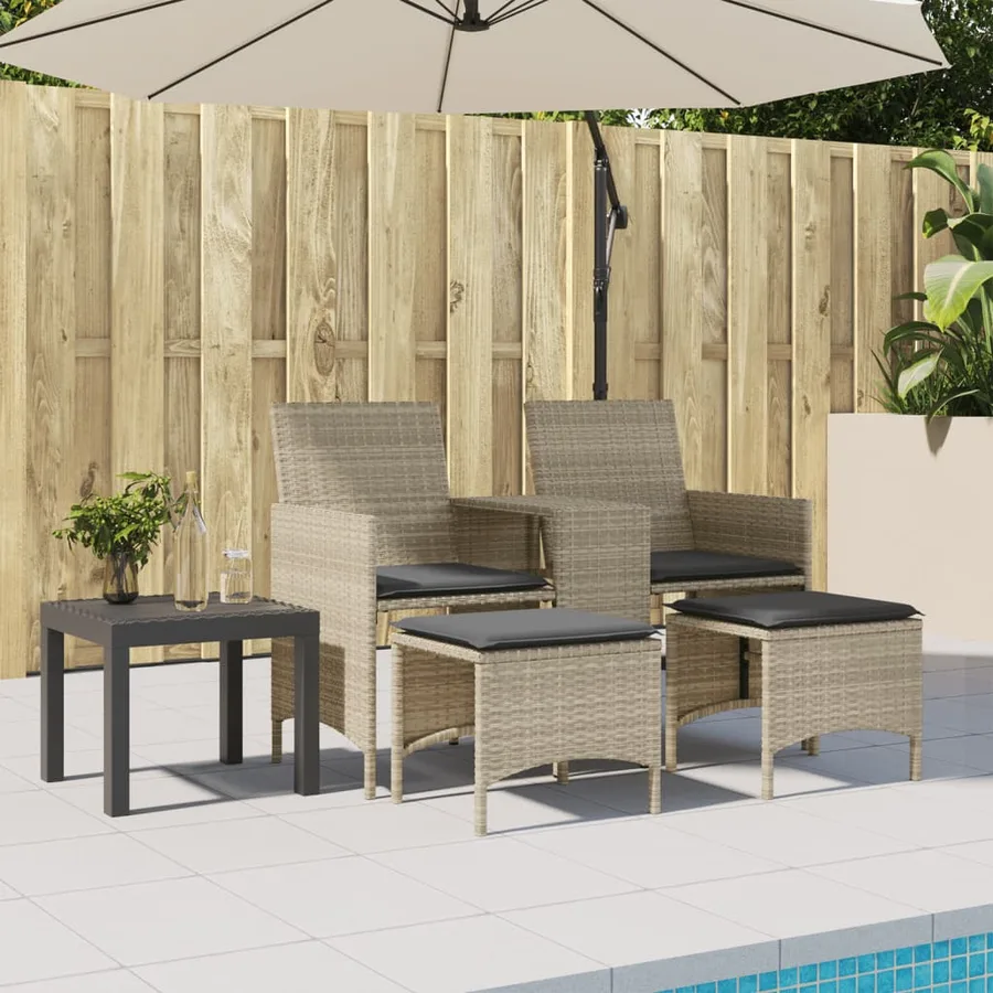 Canapé de jardin 2 places avec table tabourets gris clair rotin - 3