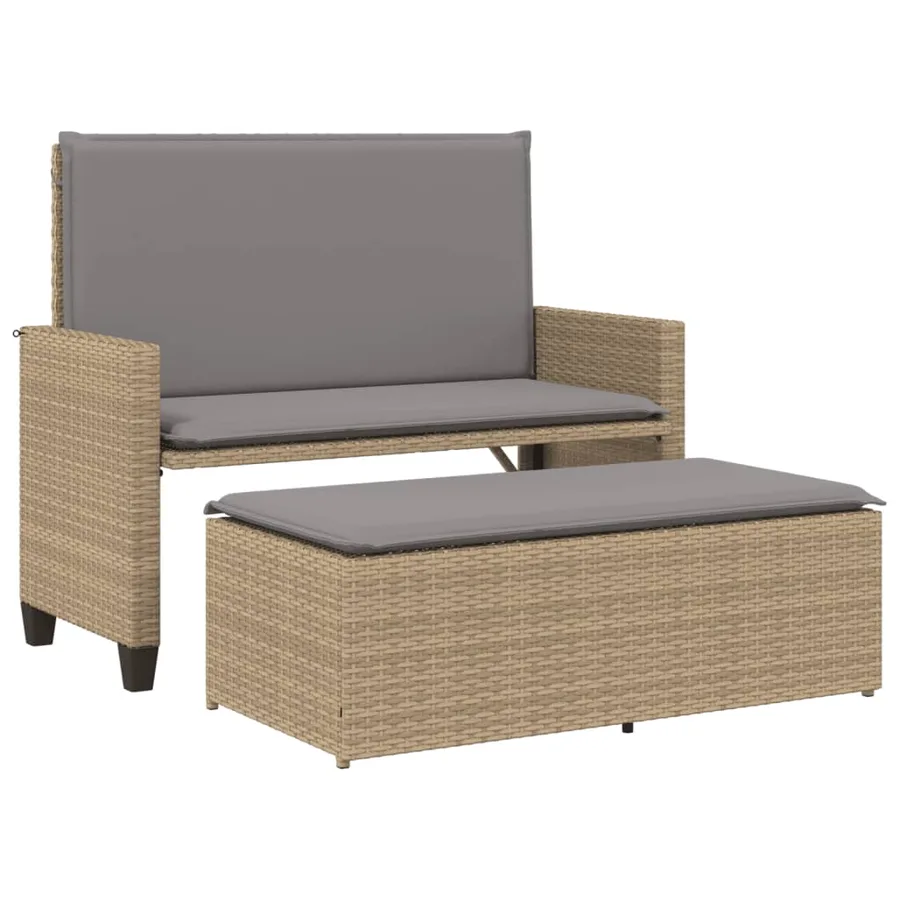 Banc de jardin et coussins et repose-pied beige résine tressée - 2