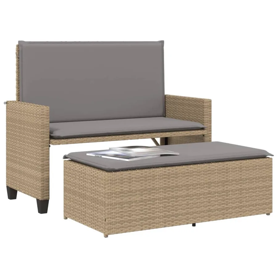Banc de jardin et coussins et repose-pied beige résine tressée - 4