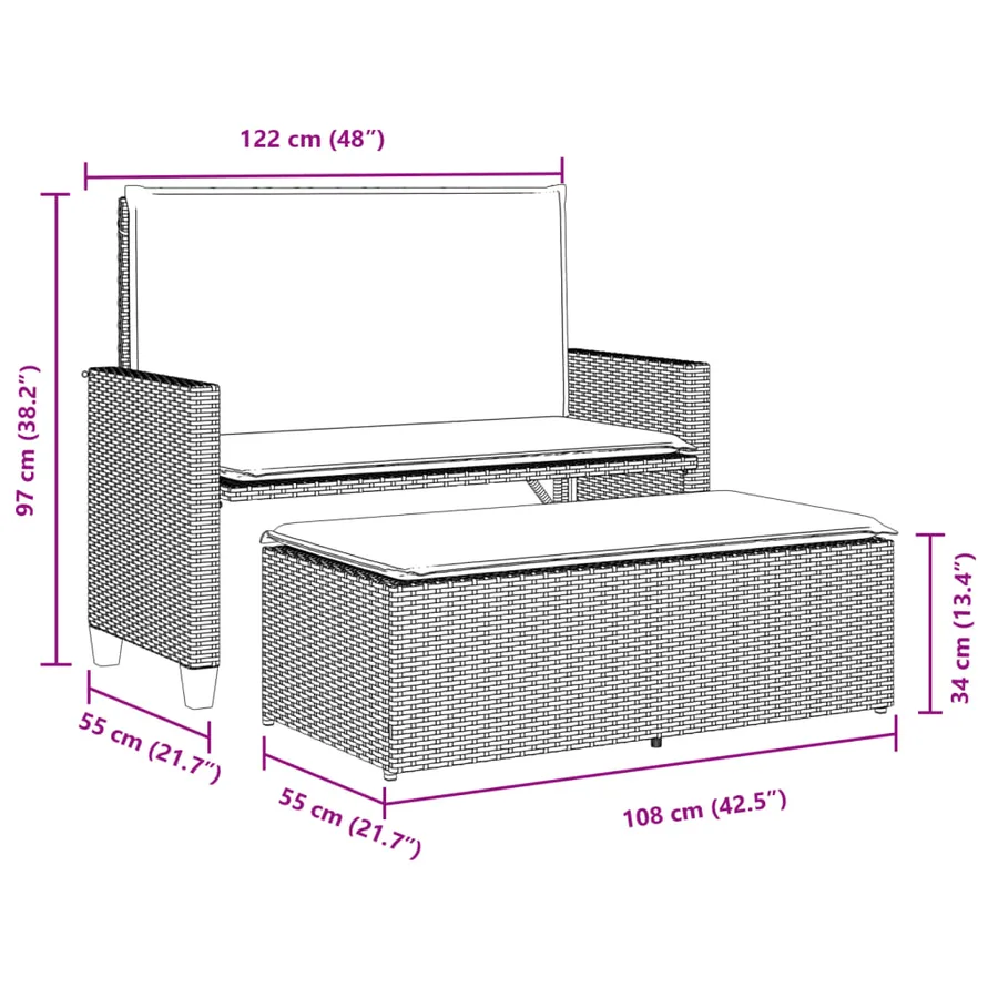 Banc de jardin et coussins et repose-pied gris clair poly rotin - 10