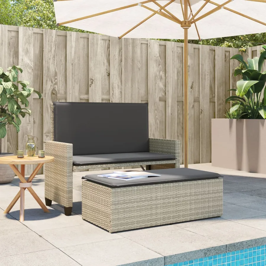 Banc de jardin et coussins et repose-pied gris clair poly rotin - 3