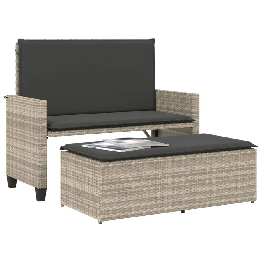 Banc de jardin et coussins et repose-pied gris clair poly rotin - 4