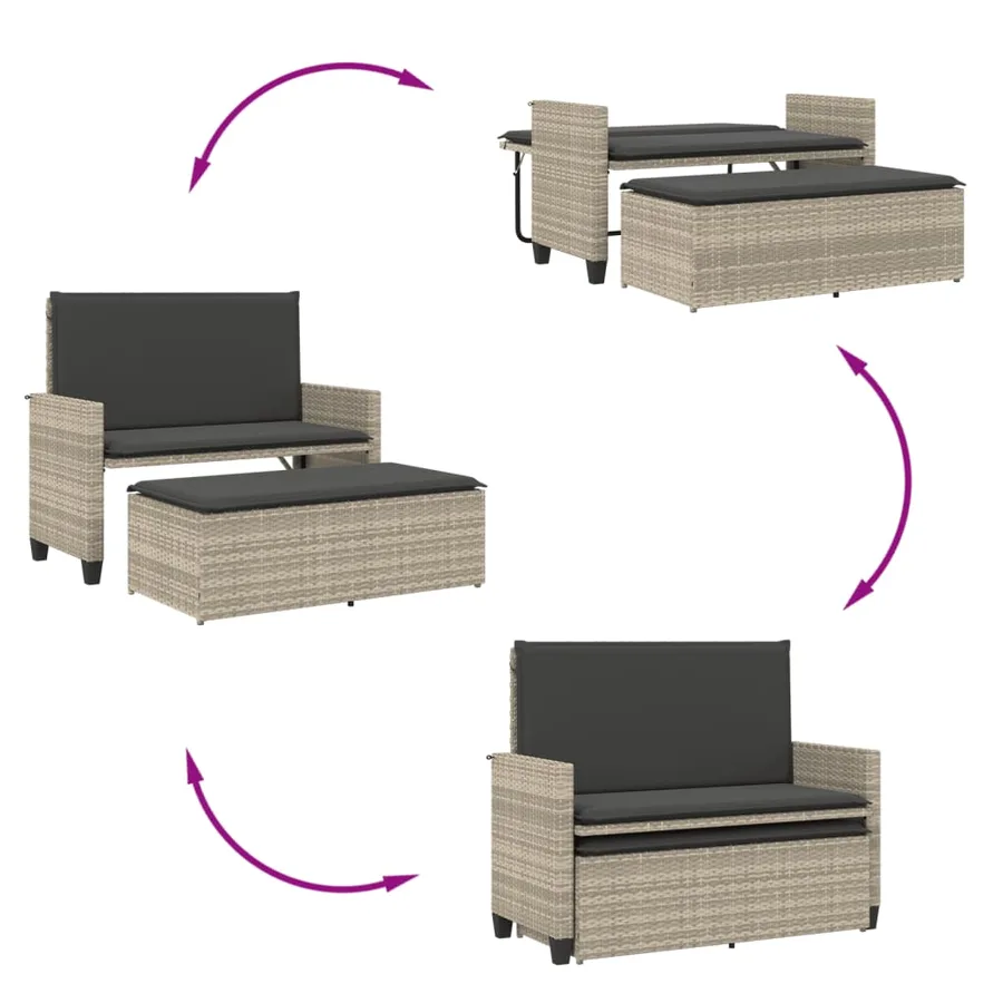 Banc de jardin et coussins et repose-pied gris clair poly rotin - 8