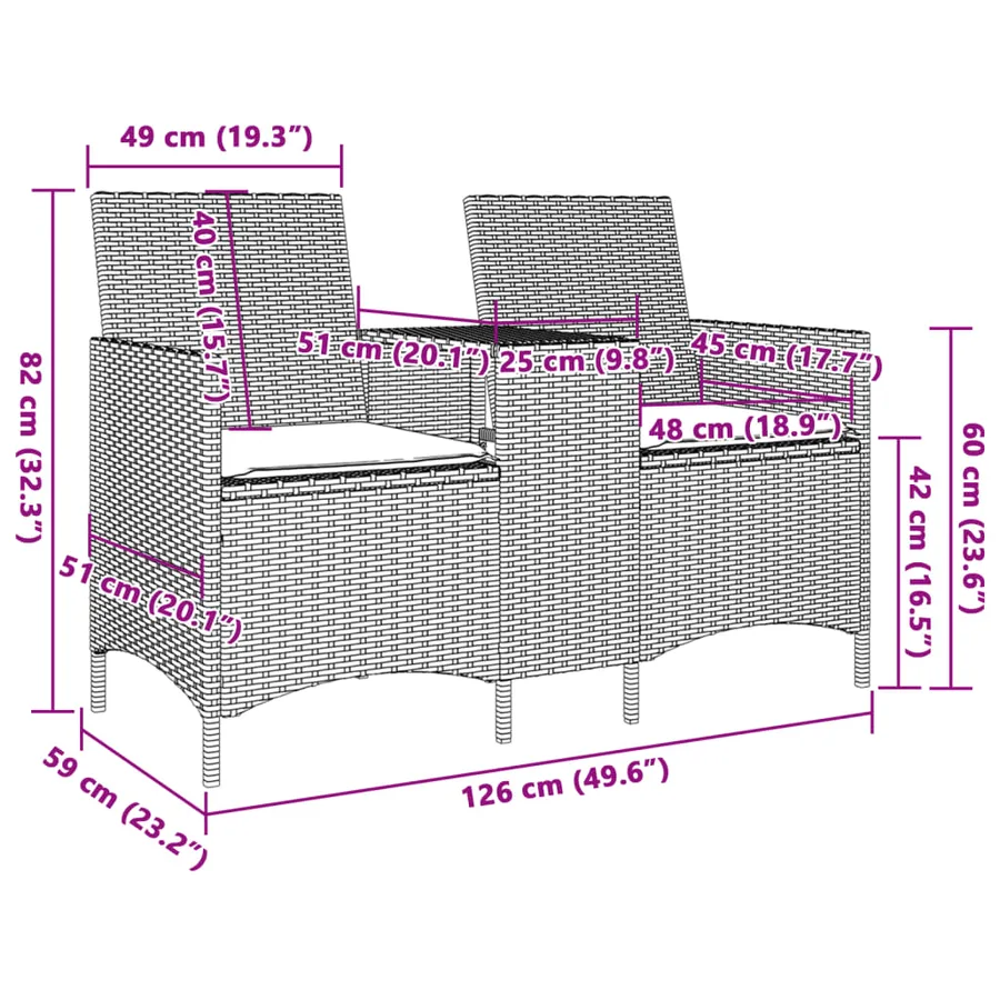 Canapé de jardin 2 places avec table et coussins résine tressée - 8