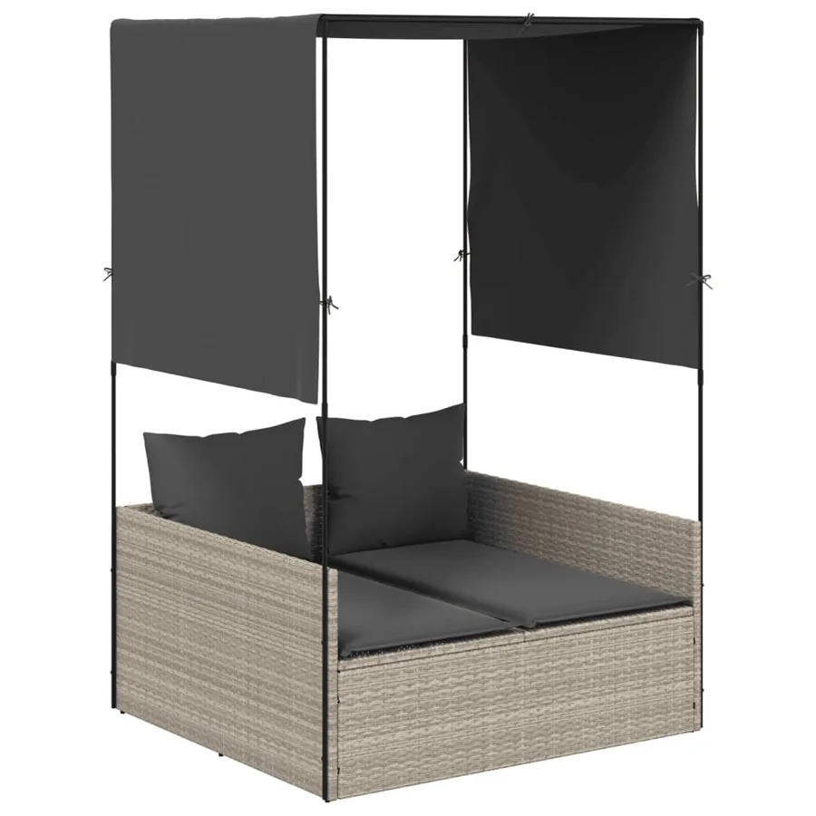 Chaise longue double avec toit et rideaux gris clair poly rotin - 2