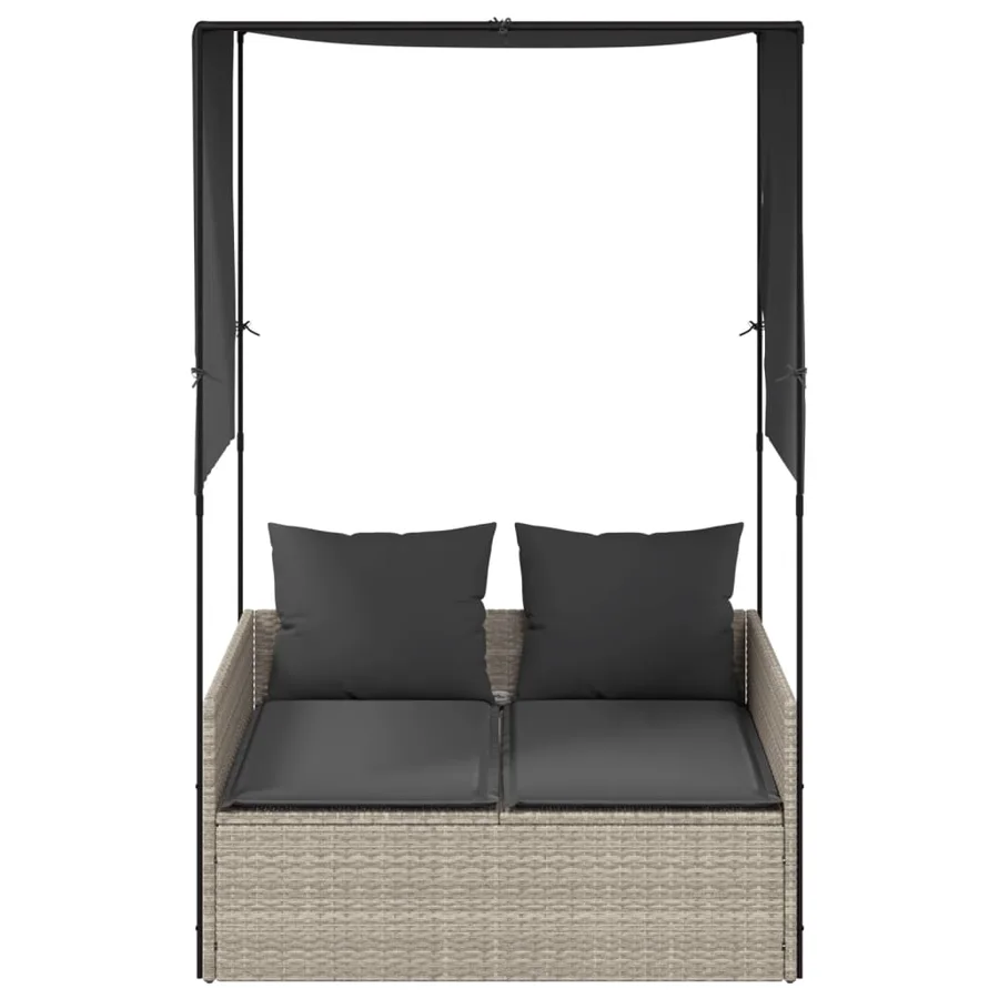 Chaise longue double avec toit et rideaux gris clair poly rotin - 3