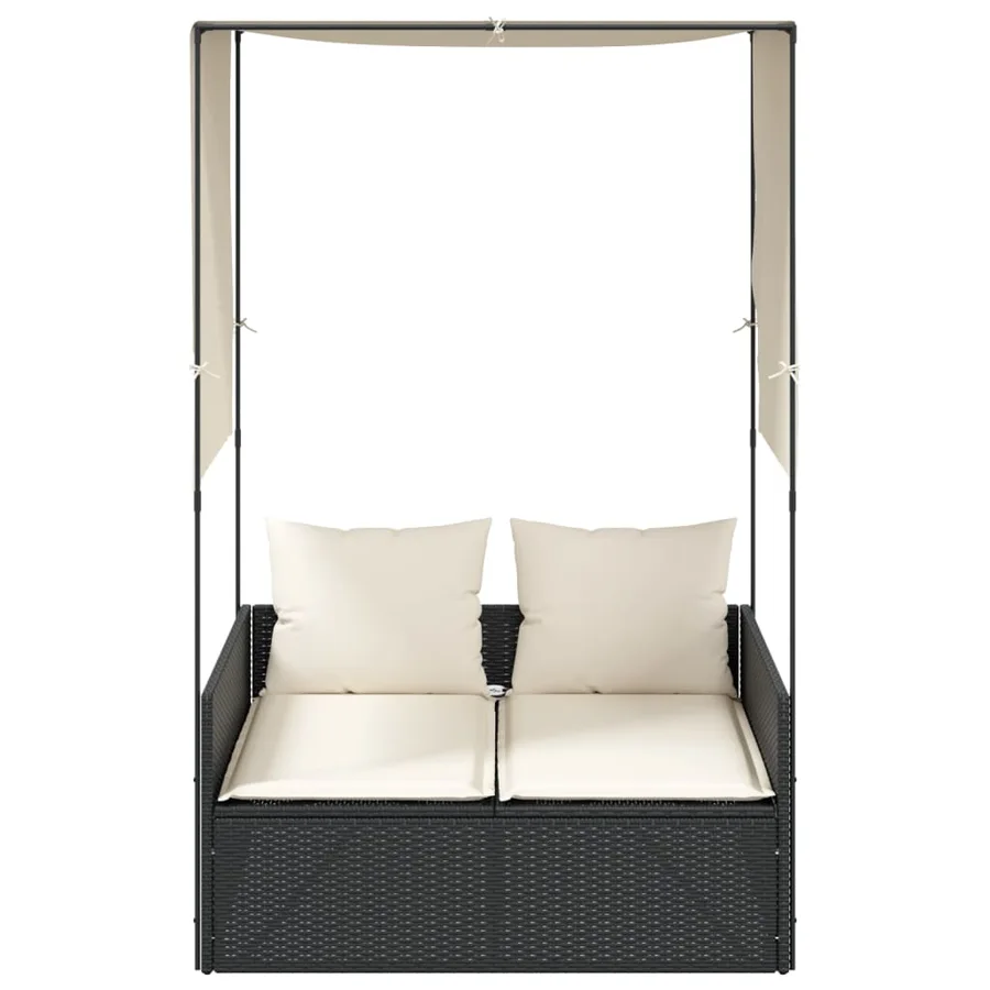 Chaise longue double avec toit et rideaux noir résine tressée - 3