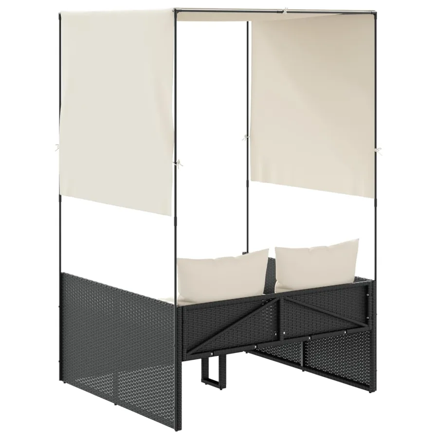 Chaise longue double avec toit et rideaux noir résine tressée - 5