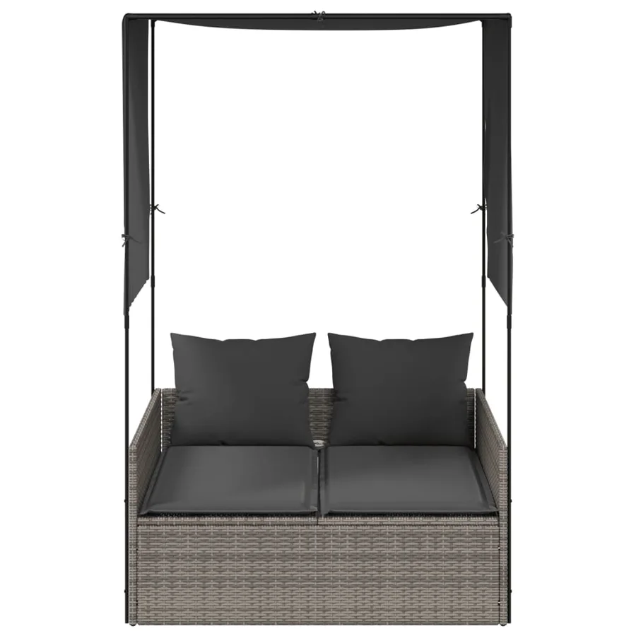 Chaise longue double avec toit et rideaux gris résine tressée - 3