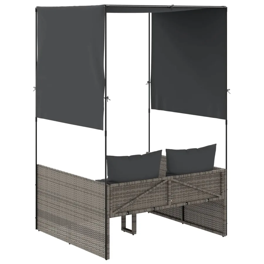 Chaise longue double avec toit et rideaux gris résine tressée - 5