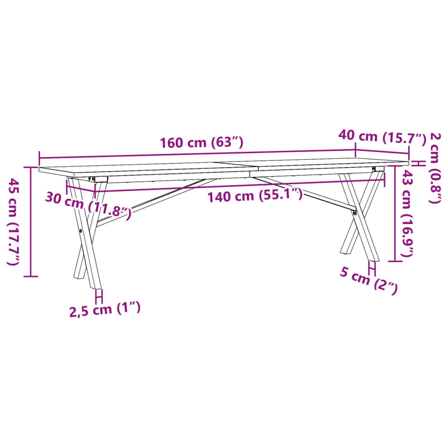 Table basse cadre en X 160x40x45 cm bois de pin massif et acier - 10