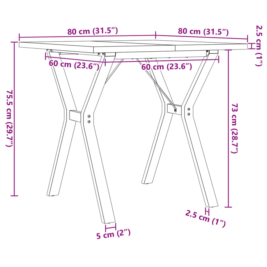 Table à manger cadre en Y 80x80x75,5cm bois de pin massif acier - 10