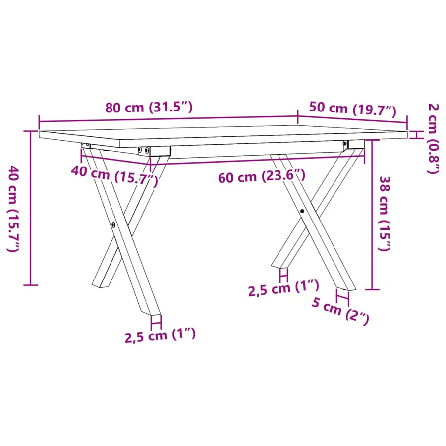 Table basse cadre en X 80x50x40 cm bois de pin massif et acier - 10