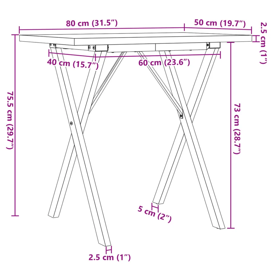 Table à manger cadre en X 80x50x75,5cm bois de pin massif acier - 10