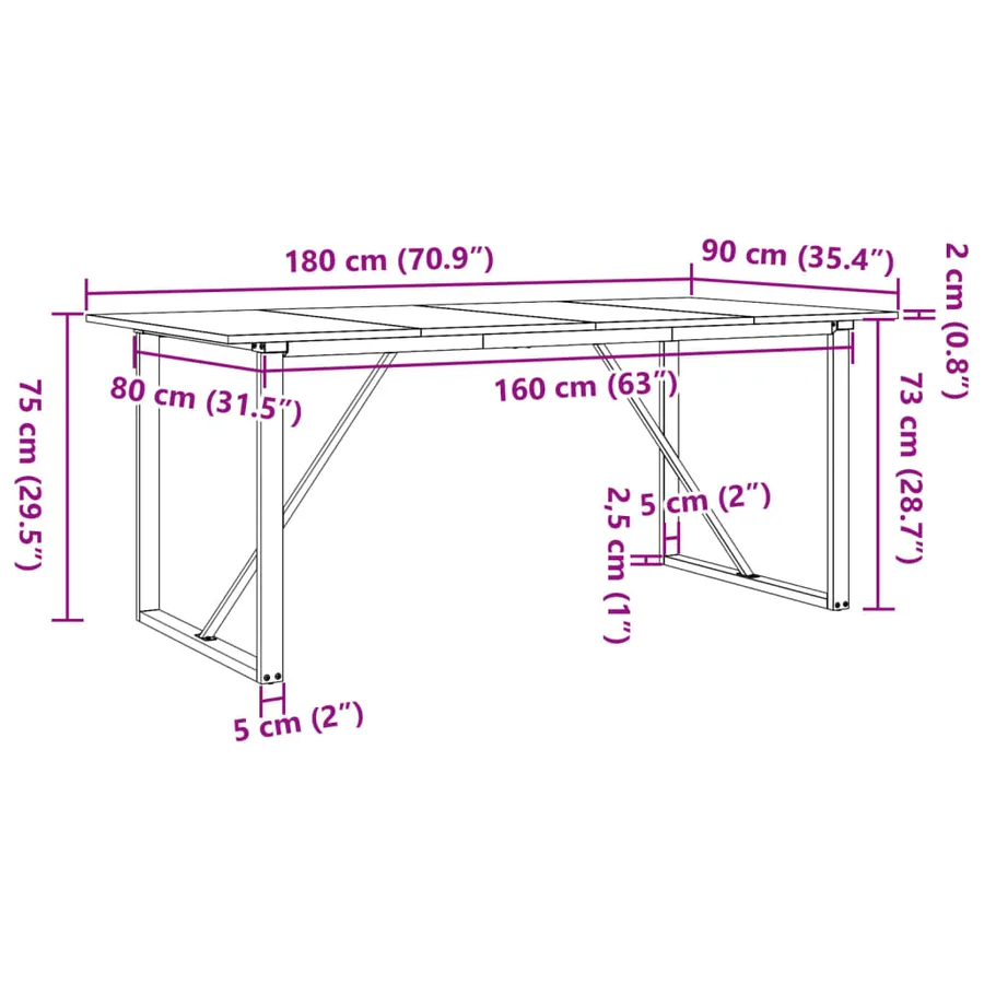 Table à manger cadre en O 180x90x75 cm bois de pin massif acier - 10