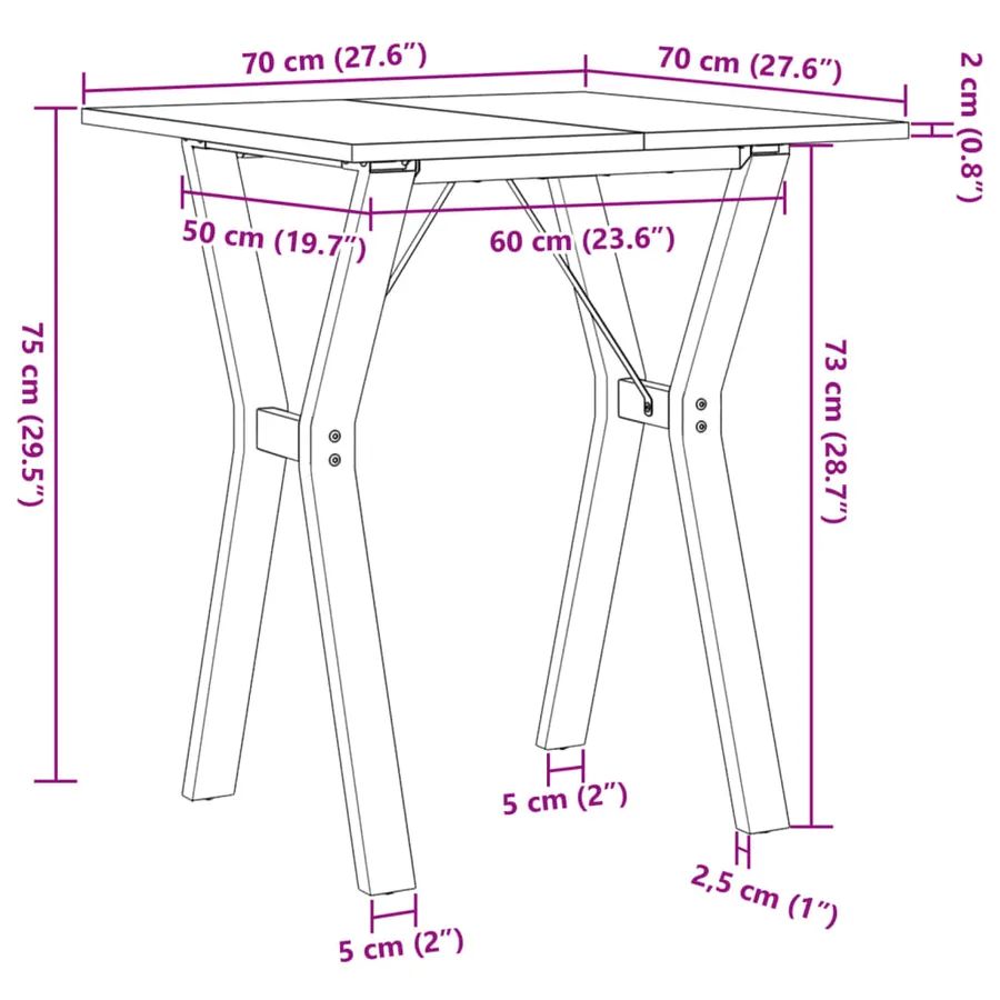 Table à manger cadre en Y 70x70x75 cm bois de pin massif acier - 10