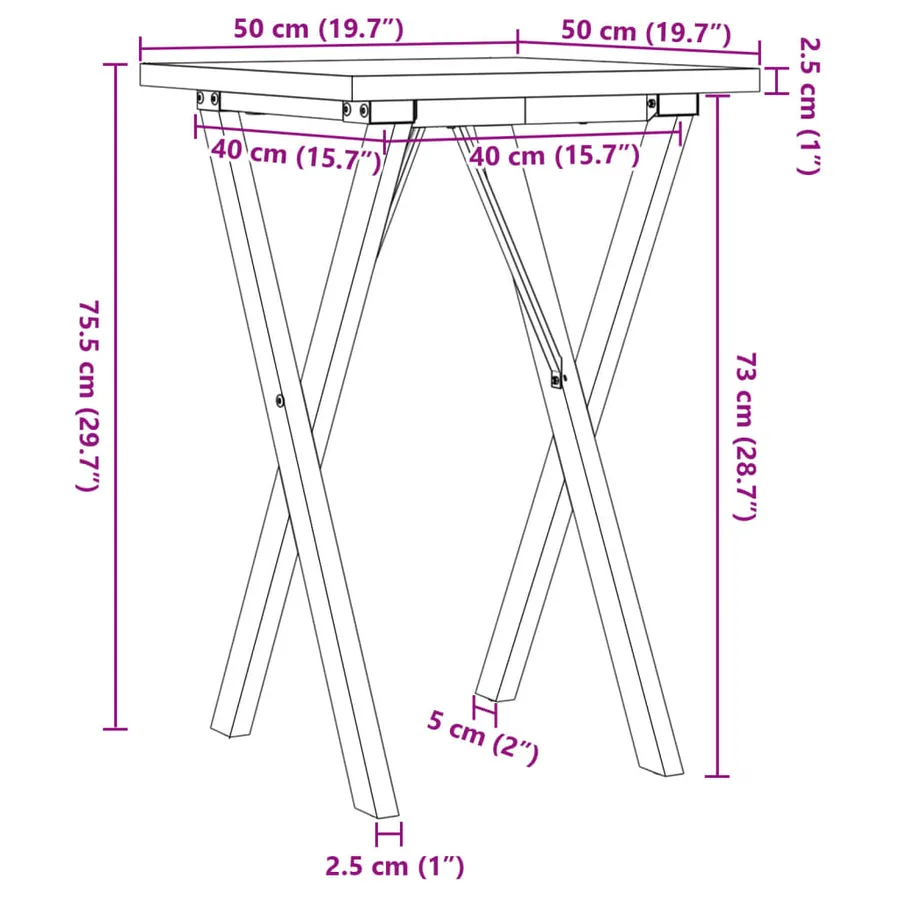 Table à manger cadre en X 50x50x75,5cm bois de pin massif acier - 10