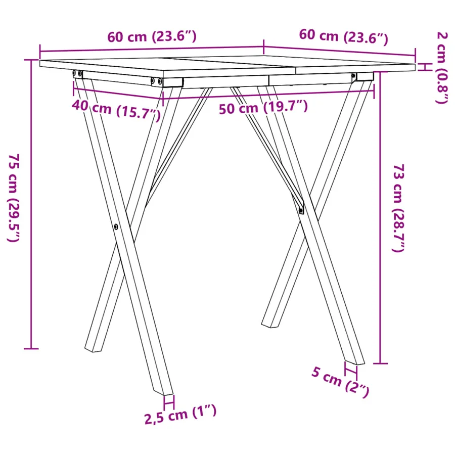 Table à manger cadre en X 60x60x75 cm bois de pin massif acier - 10