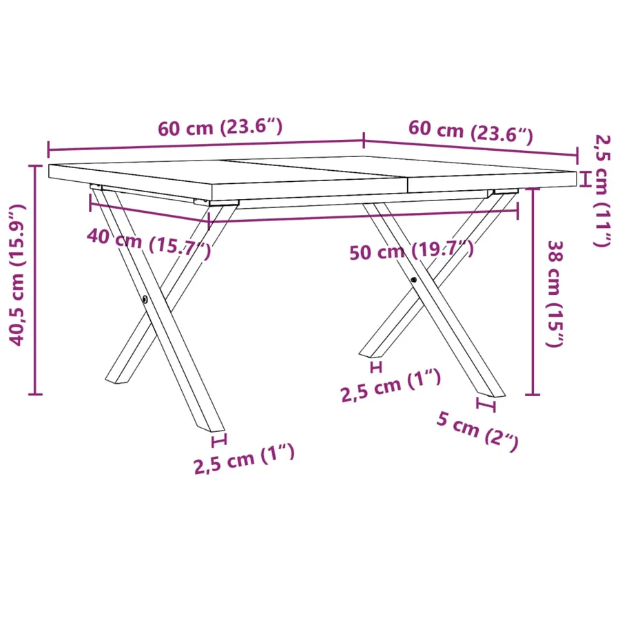 Table basse cadre en X 60x60x40,5cm bois de pin massif et acier - 10