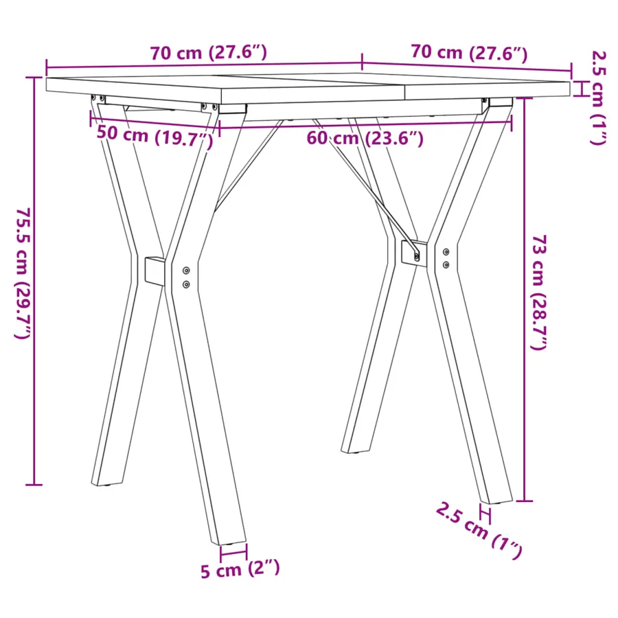 Table à manger cadre en Y 70x70x75,5cm bois de pin massif acier - 10