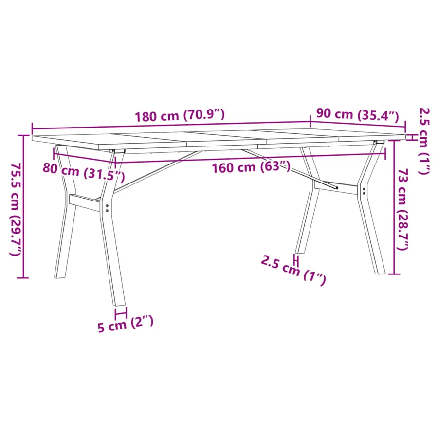 Table à manger cadre en Y 180x90x75,5 cm bois pin massif acier - 10
