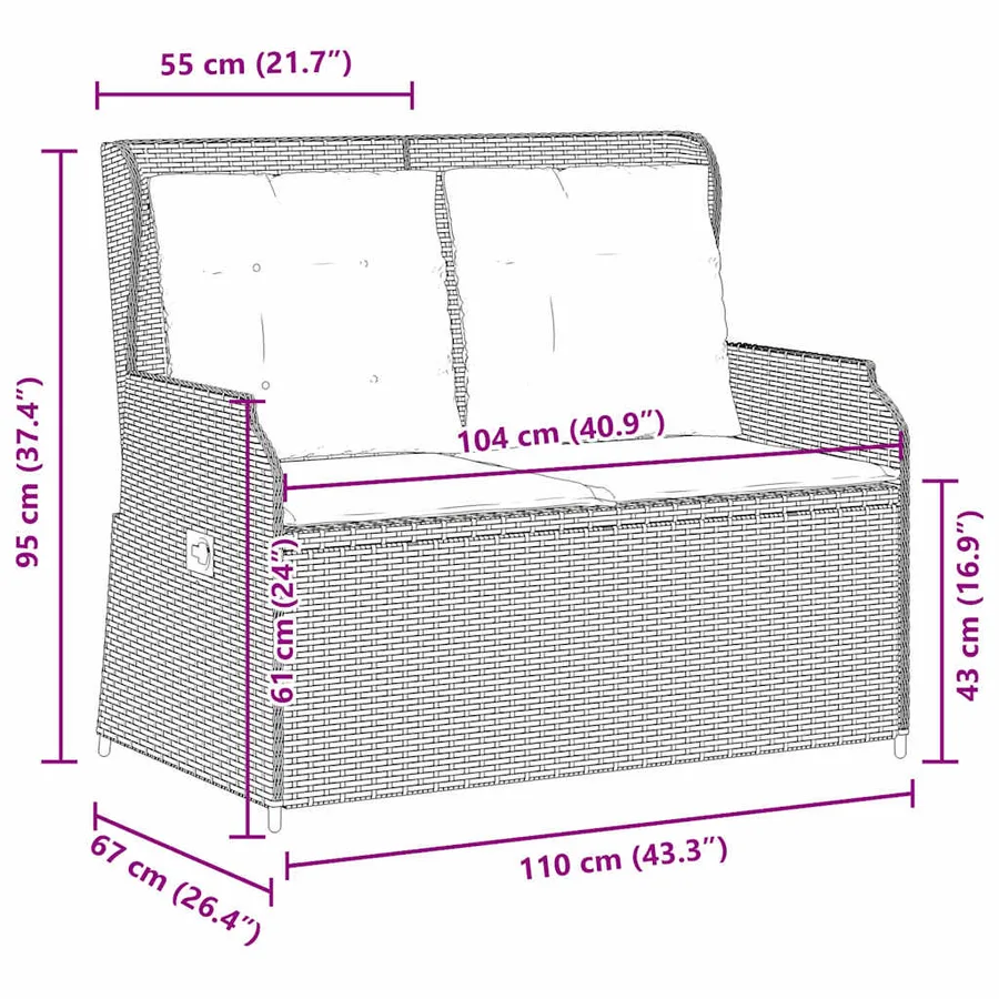 Banc inclinable de jardin avec coussins gris résine tressée - 9