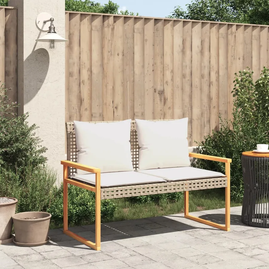 Banc de jardin avec coussin mélange beige résine tressée acacia - 3