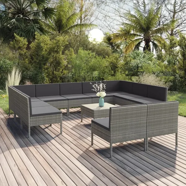 Salon de jardin 12 pcs avec coussins Résine tressée Gris