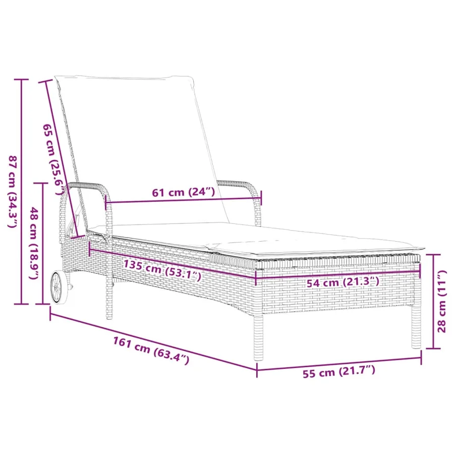 Chaise longue avec roues et coussin marron résine tressée - 10
