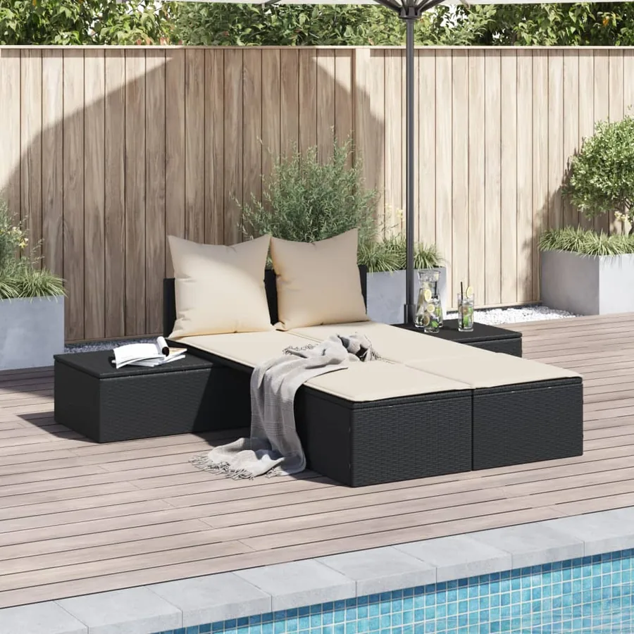 Chaise longue double avec coussins noir résine tressée