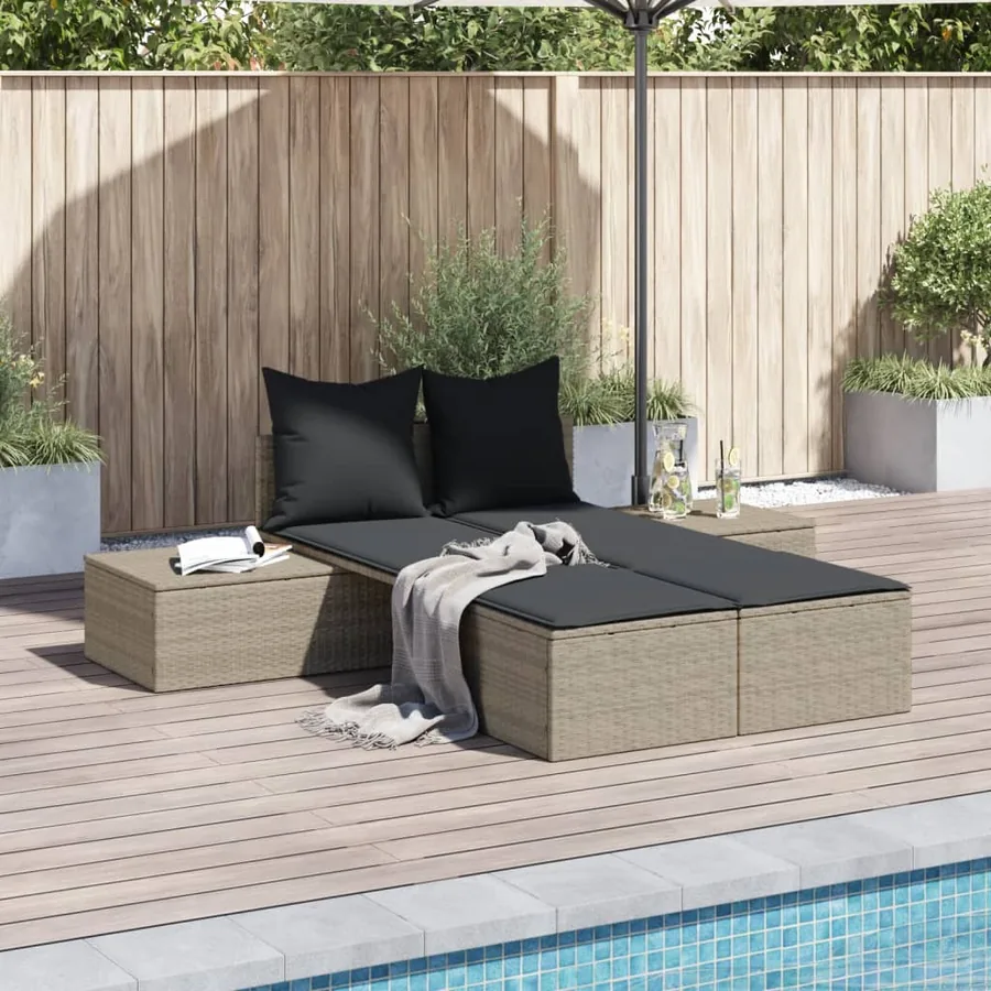Chaise longue double avec coussins gris clair résine tressée