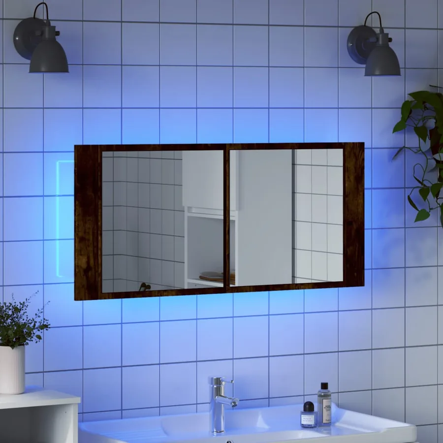 Armoire à miroir à LED de bain chêne fumé 100x12x45 cm - 4