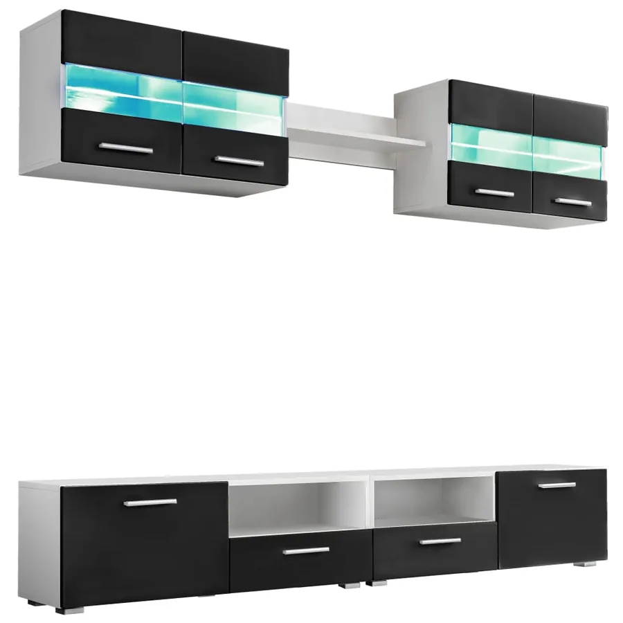 Ensemble mural pour TV 5 pcs avec lumières LED Noir brillant - 2