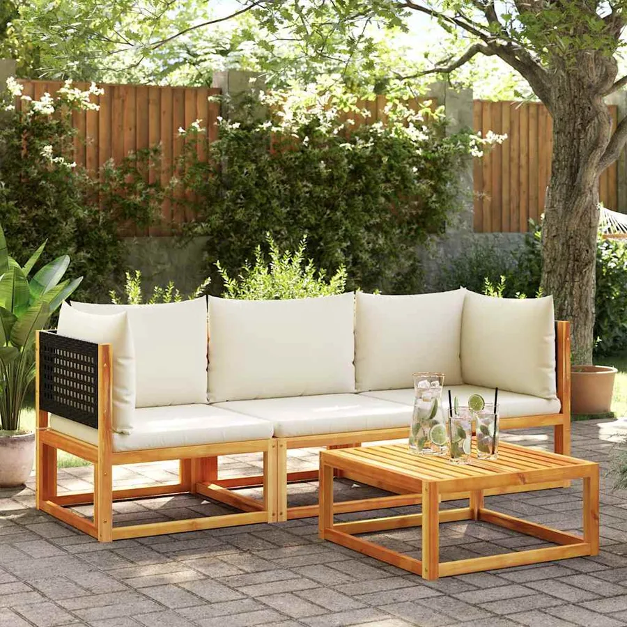 Canapé d'angle de jardin avec coussins en bois d'acacia et rotin - 3