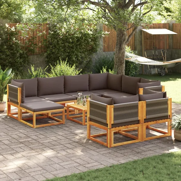 Ensemble de canapés de jardin 10 pièces avec coussins en bois d'acacia et corde
