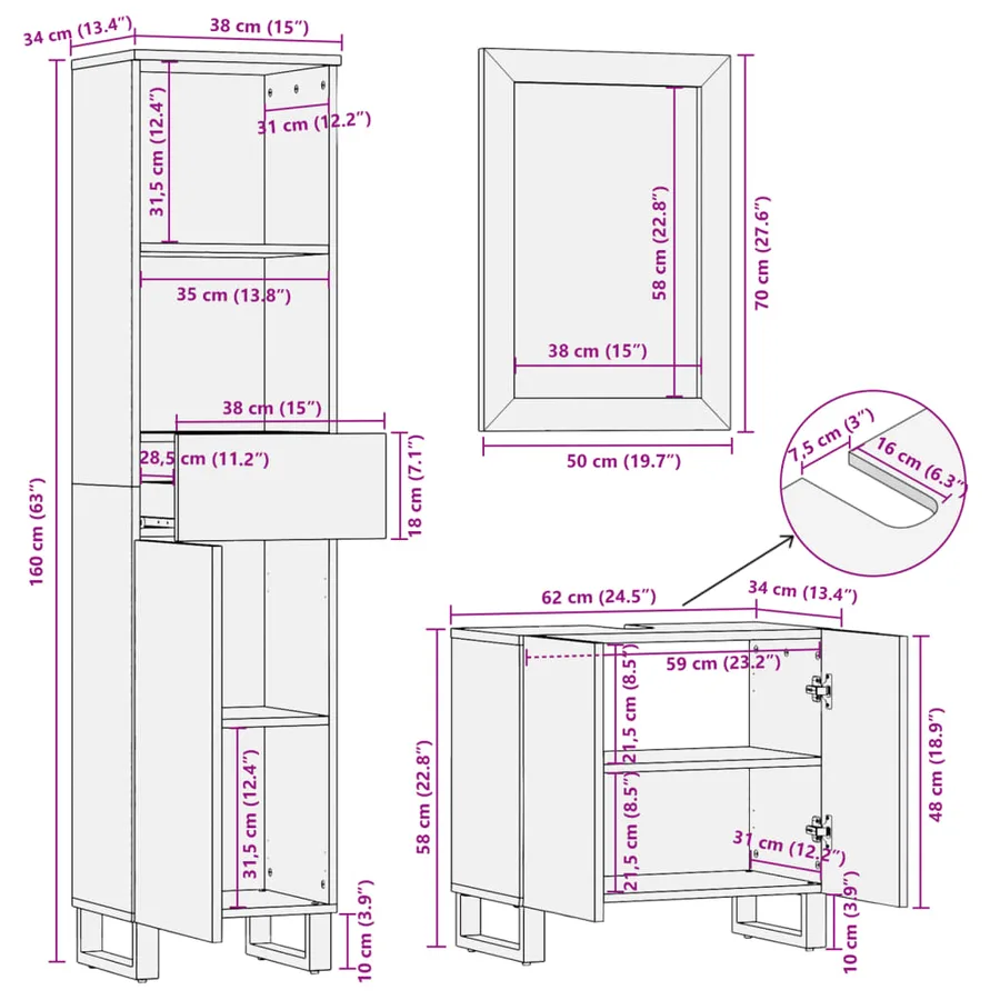 Ensemble de meubles de salle de bain 3 pcs bois massif d'acacia - 15