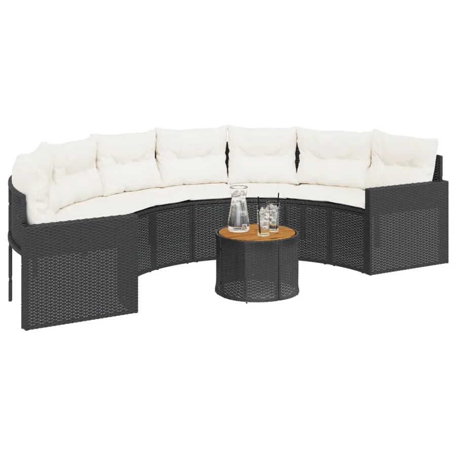 Canapé de jardin table coussins demi-rond noir résine tressée - 3