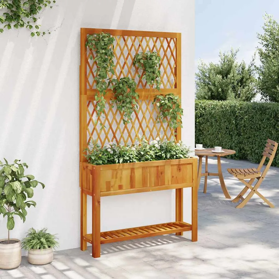 Jardinière avec treillis et étagère bois massif d'acacia - 3