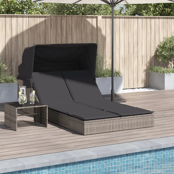 Chaise longue double et auvent et coussins gris résine tressée