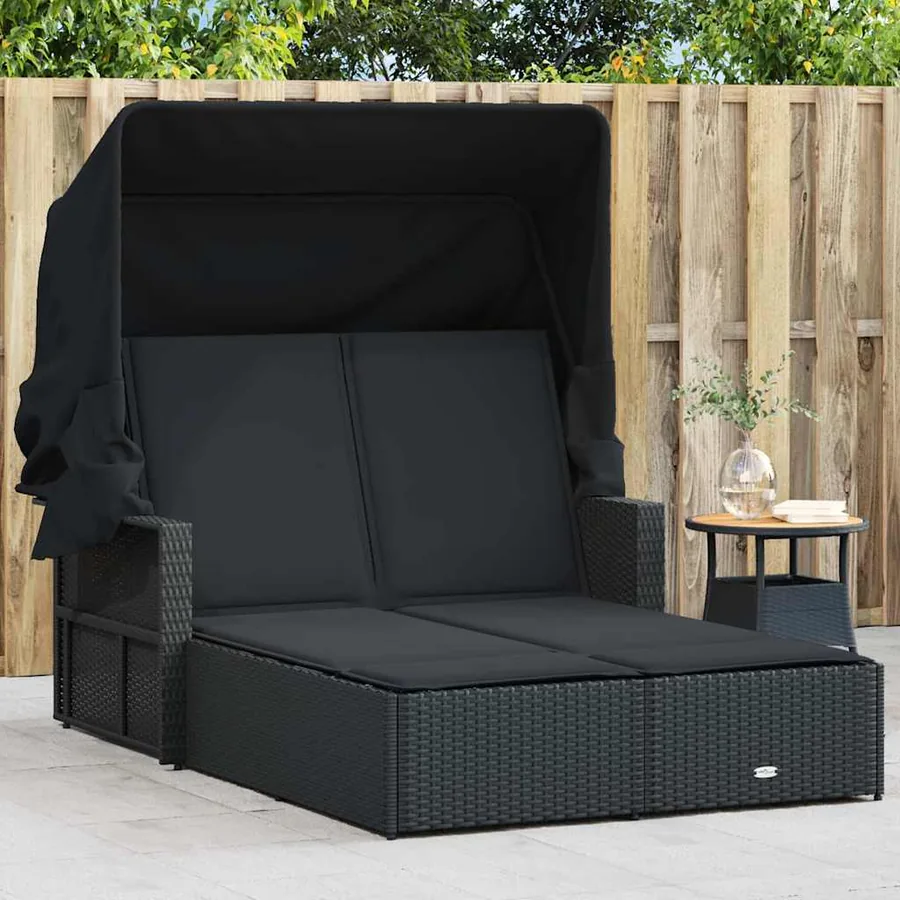 Chaise longue double et auvent et coussins gris résine tressée - 10