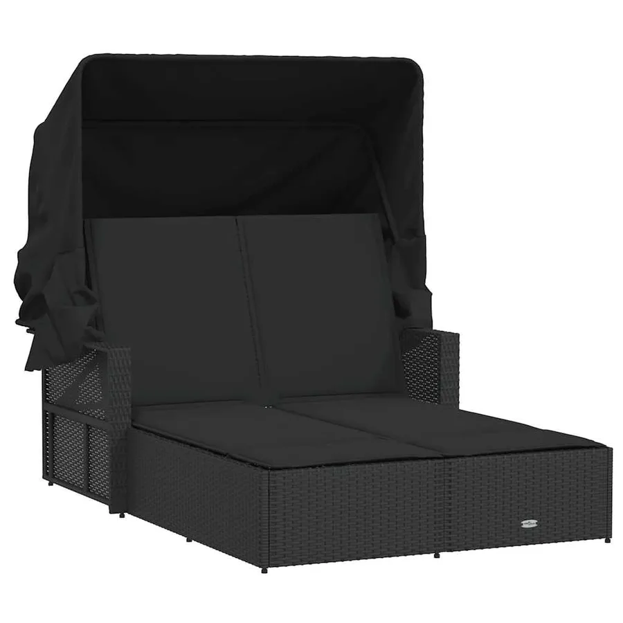 Chaise longue double et auvent et coussins gris résine tressée - 11