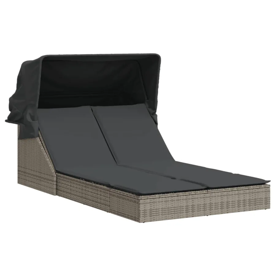 Chaise longue double et auvent et coussins gris résine tressée - 2